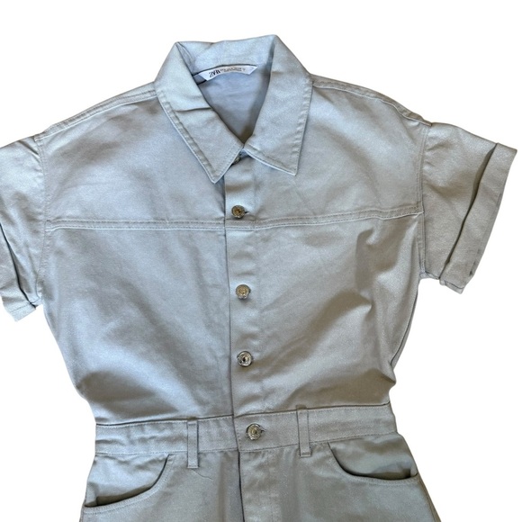 Zara Women’s Size s Light Blue Jean  Metallic Shimmer Button Front Romper - Picture 4 of 14